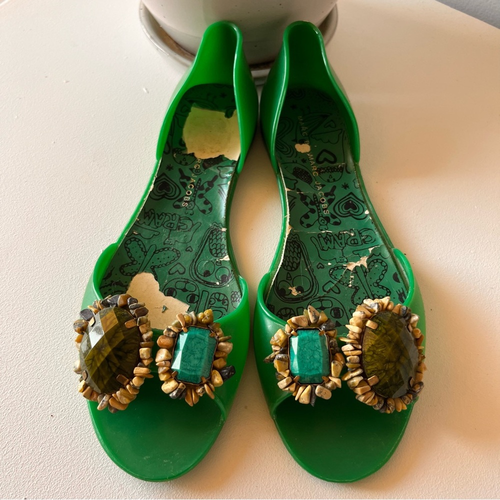 Marc Jacobs Green Jelly Flats with Embellishments